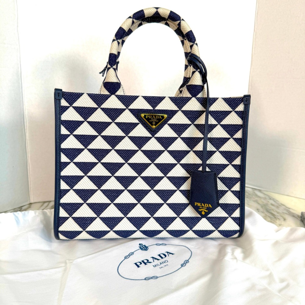 Prada Milano Geometric Canvas Tote Blue White Triangle Pattern Bag Italy